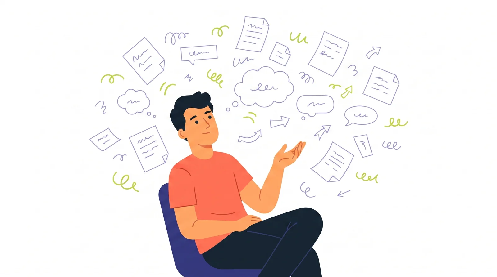 A man leaning back in a chair talking freely, surrounded by a scattered cloud of loose notes, squiggles, half-formed thought bubbles and arrows pointing in different directions.