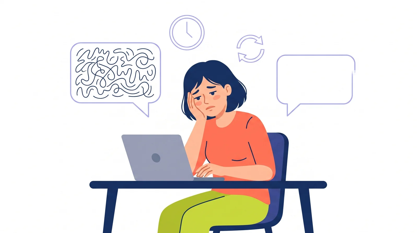 A woman at a laptop looking worn down. One speech bubble beside her is full of scribbled explanation; an identical bubble on her other side is completely empty.